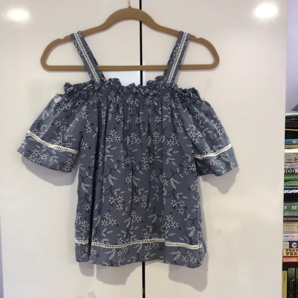 Blue and white floral off the shoulder top with straps